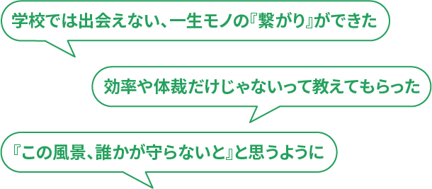 「学校では出会えない」、「一生モノの『繋がり』ができた」、「効率や体裁だけじゃないって教えてもらった」、「『この風景、誰かが守らないと』と思うように」